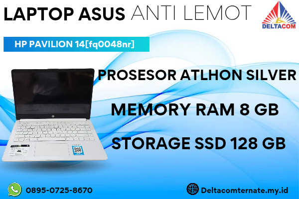HP PAVILION14 [FQ0048NR] , TYPE BARU BODY SLIM, PROSESOR ATLHON SILVER MEMORY RAM 8 GB STORAGE SSD 128 GB DISPLAY 14 INCH MULUS , WARNAH PUTIH, LECE